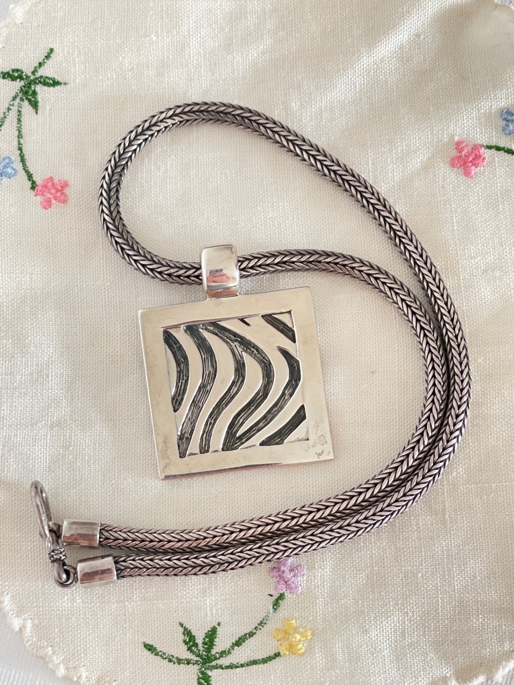 925 Sterling Silver Heavy 50g Chain Abstract Modernist Pendant Necklace 16”